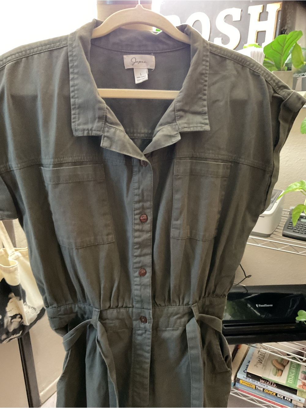 Utility Jumpsuit with Tie Waist - Olive Green - Picture 5 of 6